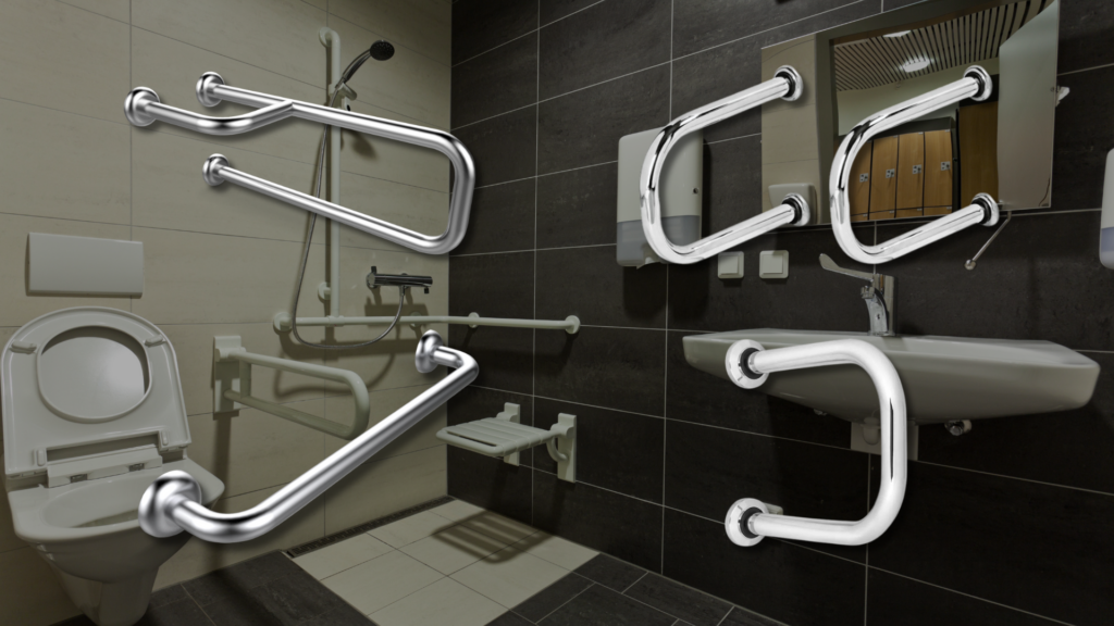 Imagem de banheiro acessivel ao fundo e em destaque as diferentes barras de apoio