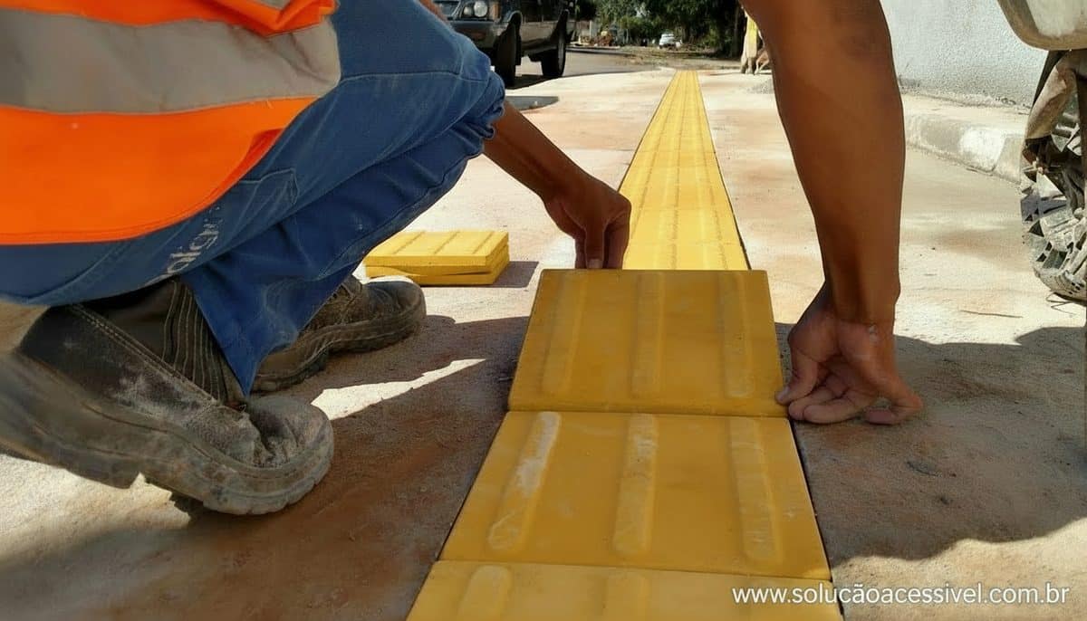 Instalação de piso tátil de concreto amarelo em calçada de Goiânia, peças de 25x25 cm conforme a LC 324/2019