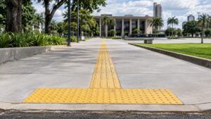 Piso tátil de concreto amarelo instalado na Praça Cívica de Goiânia, com faixa de alerta e direcional conduzindo o pedestre